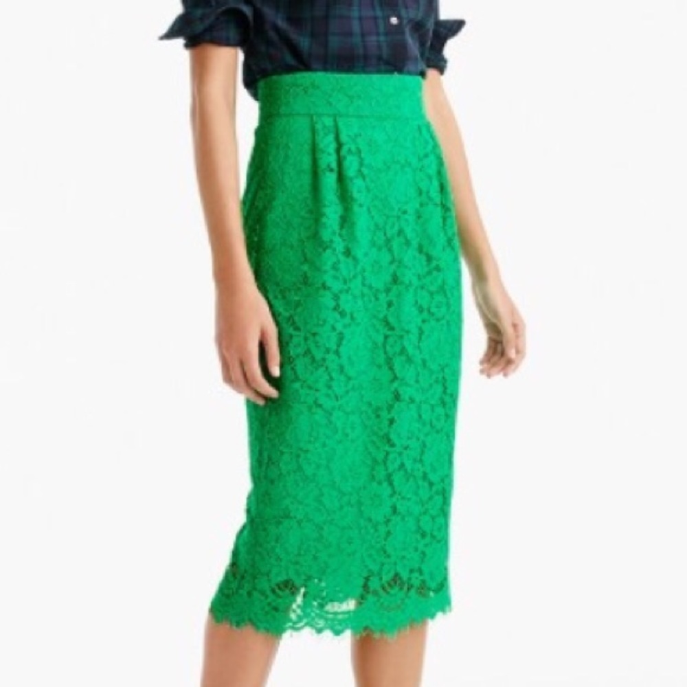 J. Crew Green Pintucked Lace Midi Pencil Skirt